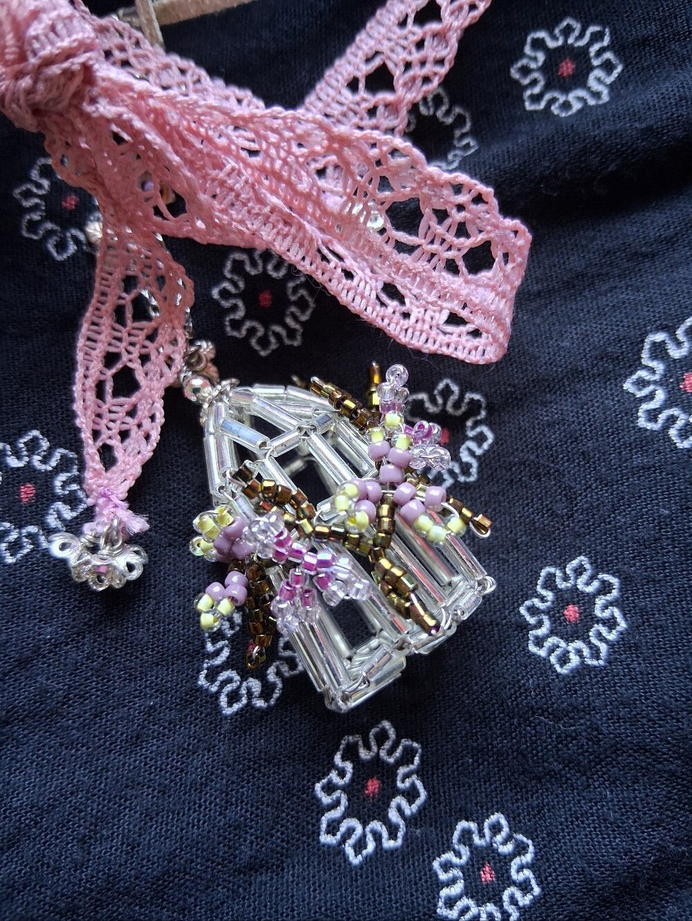 Beaded Birdcage & Flower Pendant Necklace with Ribbon Tie Closure